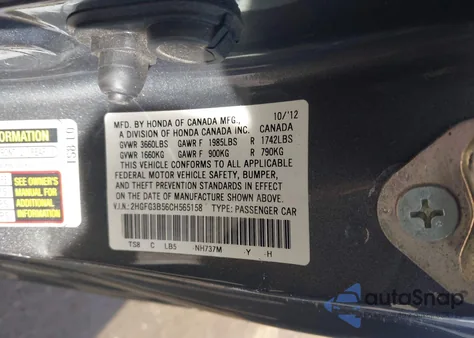 2012 Honda Civic Lx from USA, damaged, VIN 2HGFG3B56CH565158